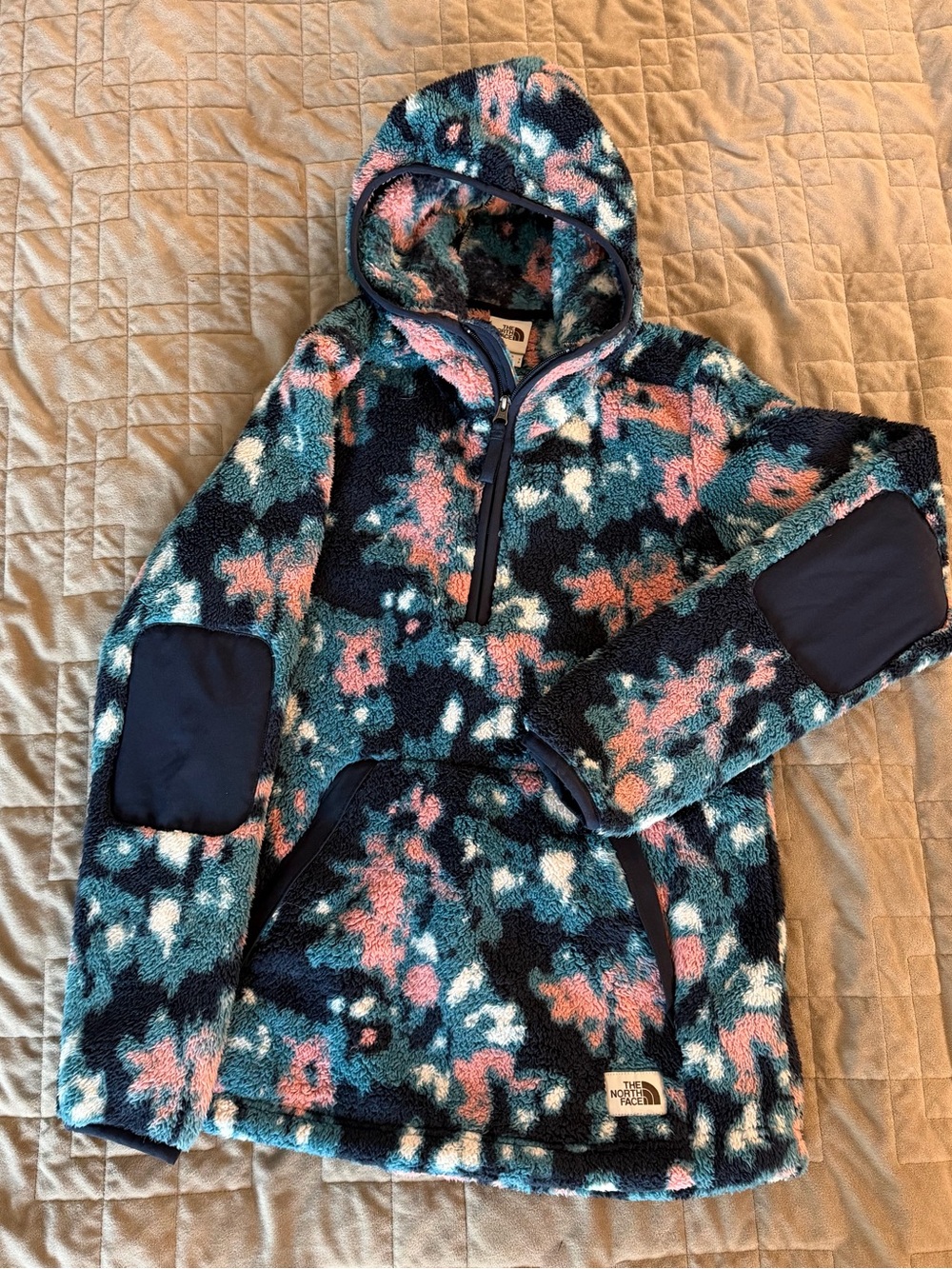 The North Face Teal, Navy & Coral Fuzzy Hooded Pullover